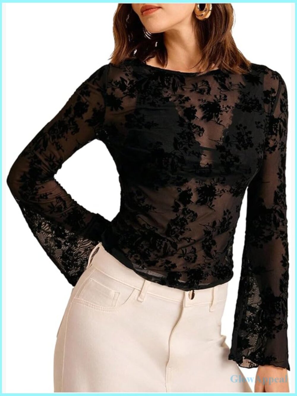 Sheer Mesh Crew Neck Bell Long Sleeve Fitted Crop Top